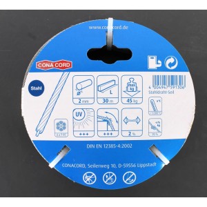 Cavo in acciaio zincato Conacord, diametro 2 mm, lunghezza 30 m.