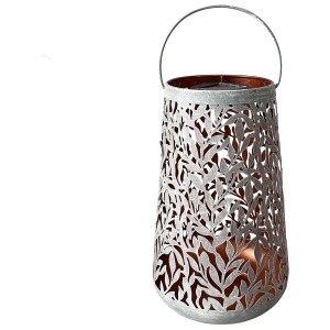Lanterna solare a LED Schönenberger Olea grigio pietra con motivo a foglie e manico per il giardino.