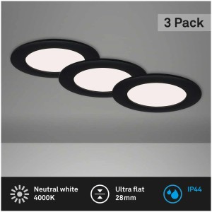 3er Set Brilo LED-Einbauleuchte Flat In, matt schwarz, 7W. Spritzwassergeschützt, neutralweißes Licht.