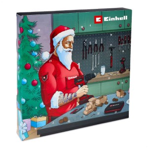 Calendrier de l'Avent Einhell 2025 avec accessoires d'outils et jeux de forets sur motif de Noël.