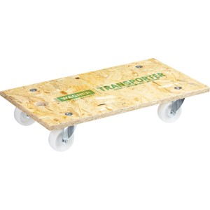 Aide au transport Wagner: plateau OSB robuste avec quatre roues blanches et trou de poignée.