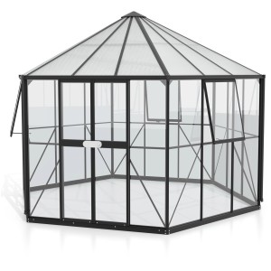 Serra Vitavia Hera 9000, 9 m², nera, con fondamenta. Ampia serra rotonda per pomodori con finestre laterali.