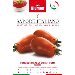 Graines de tomate Super Roma : Tomates en forme de poire présentées sur l'emballage.