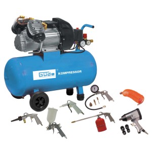 Compresseur bleu Güde 400/10/50 DG avec kit d'accessoires de 15 pièces, comprenant divers pistolets et clé à choc.