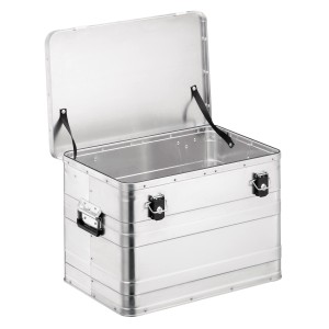 Boîte en aluminium LUX ouverte, 70 l, idéale pour le stockage et le transport, avec poignées et protection des bords.