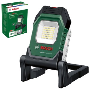 Bosch Akku-LED-Leuchte UniversalWorkLight 18V-2100 mit Akku und Verpackung.