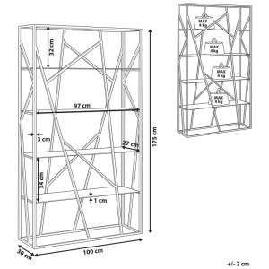 Étagère Beliani Hoxie, acier inoxydable argenté, 4 étagères en verre, design géométrique moderne, 175x100x30 cm.