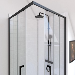 Cabine de douche d'angle baliv Factory, 90x90x200 cm, verre de sécurité, cadre noir mat.