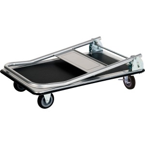 Carrello a piattaforma piegato con telaio in acciaio, superficie in gomma e quattro ruote. Portata 150 kg.