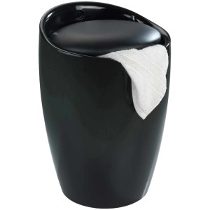 Collecteur de linge et tabouret de salle de bain Candy noir avec assise rembourrée et serviette.