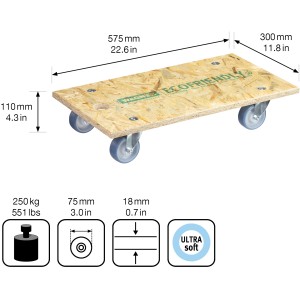 Chariot de transport Wagner avec panneau OSB, capacité 250 kg, 575x300 mm, idéal pour le transport de meubles.