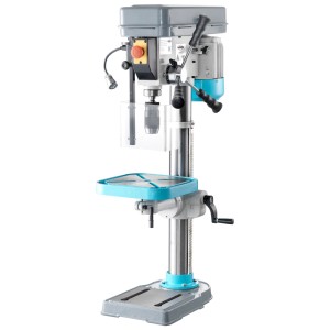 Trapano a colonna Alduro BM-22, metallo grigio, con luce LED e mandrino autoserrante.
