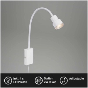 Lampe à brancher LED blanche Briloner Tusi avec bras flexible et fonction tactile comme applique murale.