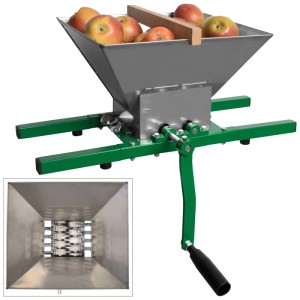 Moulin à fruits Güde OM 7 en aluminium avec pommes dans la trémie. Idéal pour broyer les fruits avant le pressage.