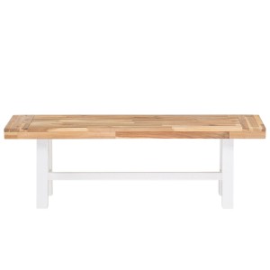 Banc de jardin Scania en bois d'acacia clair avec assise à lattes huilées et cadre blanc robuste pour l'extérieur.