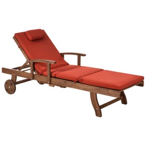 Bain de soleil Amantea en acacia avec coussin rouge, réglable et à roulettes.