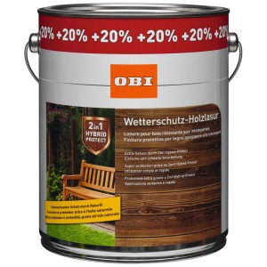 OBI Wetterschutz Holzlasur 2in1 Kiefer in Dose. Zeigt Holzbank, teils lasiert in Kiefer, teils natur. Hybrid Protect.