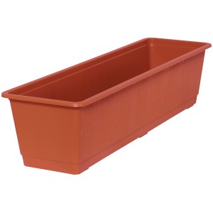 Jardinière standard en terre cuite, 59 cm de large, avec structure en bois. Idéale pour balcon et jardin.