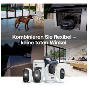 Arlo Essential 3 HD Sicherheitskameras im 2er-Set in verschiedenen Anwendungsszenarien.