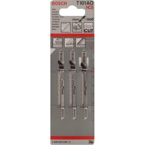 Lame per seghetto alternativo Bosch Pro T 101 AO Clean for Wood, confezione da 3, per tagli puliti nel legno.