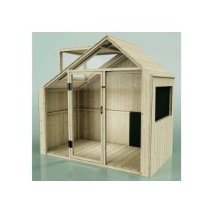 Cabane de jeu PolarPlay Sternschnuppe en bois naturel avec fenêtres et porte en verre acrylique.