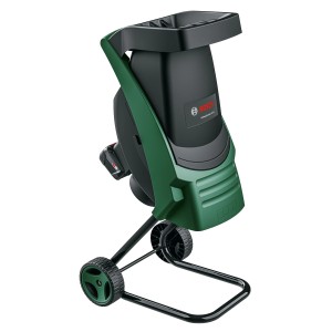 Broyeur sans fil Bosch UniversalShredder avec batteries et chargeur, mobile grâce aux roues.