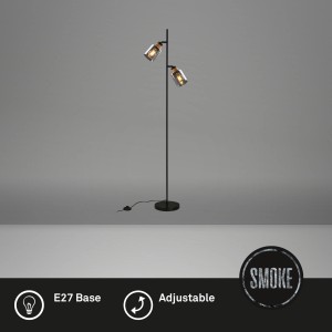Lampadaire orientable Briloner Royk au design rétro avec verre fumé et douille E27.