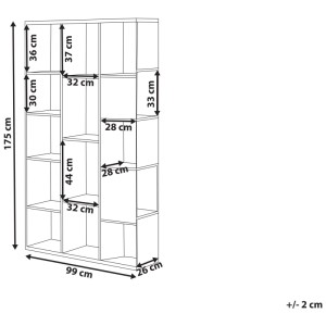 Dessin technique de l'étagère Beliani Bangor (marron/noir) avec 14 compartiments et dimensions: 175x99x26 cm.