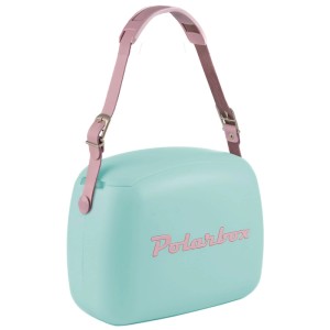 Hellblaue Polarbox Kühlbox 6l mit rosa Trageriemen und 2 Dosen.