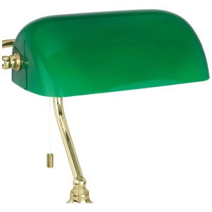Lampada da tavolo Banker verde in stile Art Déco con base in acciaio e paralume in vetro.