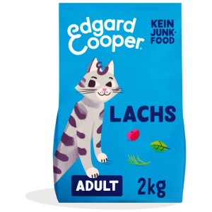 Edgard & Cooper Adult Saumon aliments secs pour chat, sac de 2 kg avec illustration de chat.