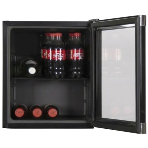 Schwarzer Kibernetik Getränkekühlschrank 48 l mit offener Glastür, gefüllt mit Flaschen. Ideal als Weinkühlschrank.