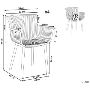 Illustrazione della sedia da giardino Beliani Pesaro set da 4, plastica, bianca, con dimensioni.
