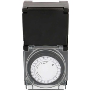 Mechanische Zeitschaltuhr, schwarz, IP55, für Aussenbereich. Tageszeitschaltuhr mit 24h-Programm.