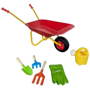 Set carriola per bambini da 7 pezzi con carriola, annaffiatoio, pala, rastrello, forca e guanti.