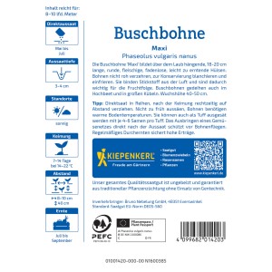 Sachet de graines de haricot nain "Maxi" Kiepenkerl avec des informations sur le semis, l'emplacement et la période de récolte.