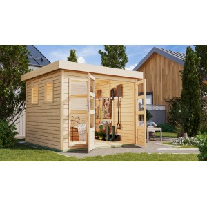 Karibu Gartenhaus Maradi 3,5 aus naturbelassener Fichte mit Doppeltür und Fenster.