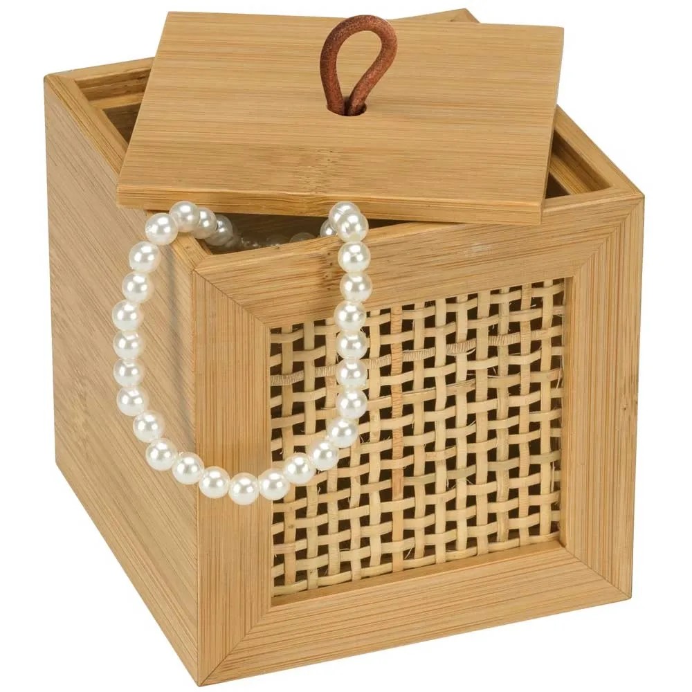 Boîte De Rangement Coton Avec Couvercle En Bambou Et Rotin, 9x9x9 Cm, Wenko Allegre