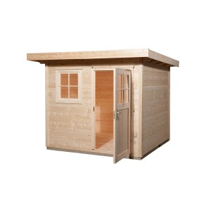 Casetta da giardino in legno Weka non trattato con tetto piatto, 235x280 cm, con finestra e doppia porta aperta.