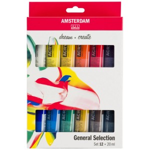 Set di colori acrilici Amsterdam, 12 tubi da 20 ml in scatola. Ideale per artisti e hobbisti.