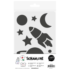 I am Creative Design-Schablone Kids Weltraum mit Rakete, Sternen, Mond und Planeten.