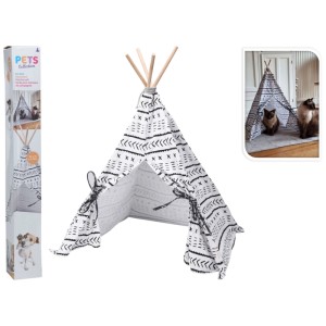 Cuccia per gatti a forma di tepee in bianco e nero con pali in legno, comodo letto per gatti da interno.