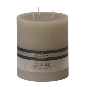 Bougie pilier taupe effet givré, 3 mèches. Bougie décorative pour une lumière d'ambiance.