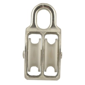 Doppelte Block-Seilrolle 10 mm aus verzinktem Stahl mit zwei weißen Kunststoffrollen.