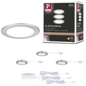 Set de spots encastrables LED Paulmann, fer brossé, lot de 3, lumière blanc chaud.