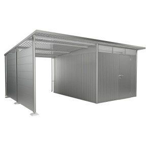 Pannello laterale Biohort per tettoia laterale AvantGarde A4/A8, argento metallizzato, come protezione da vento e intemperie.