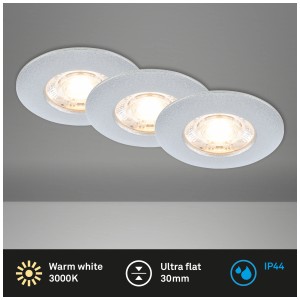 3er Set Briloner LED-Einbauleuchten, chrom-matt, IP44, warmweißes Licht.