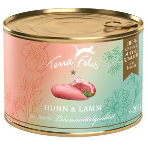 Terra Felis nourriture humide pour chat poulet et agneau, boîte de 200g. Aliment complet sans céréales de qualité alimentaire.
