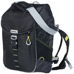 Schwarzer Basil Miles Nordlicht Fahrradrucksack, 17 Liter, mit LED-Streifen und Tragegurten.