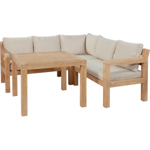 Ensemble lounge Morenci 4 pièces avec table à manger en acacia et coussins taupe.